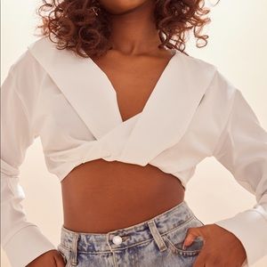 White Satin Bardot Twist Front crop Blouse - Pretty Little Thing